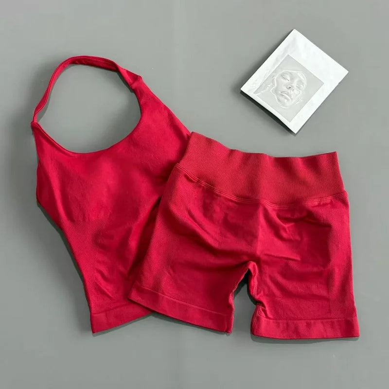 2 Pieces Sports Set Women Backless Halter Tops High Waist Seamless Hight Stretch Shorts Gym Suit Sportswear Workout Sets