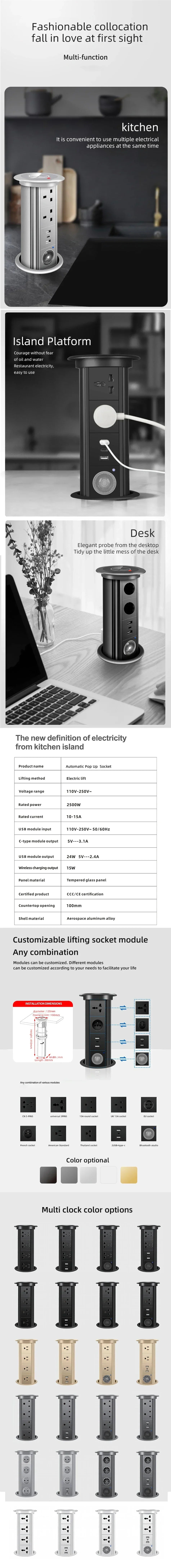 Motorized Lifting Pop Up Tower Power Outlet Hidden Mounted Kitchen Worktop USB Type C Socket with Speaker Wireless Charging