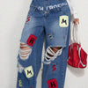 European and American High Street Ripped Jeans Women Double Waist Letter Patch Wide Leg Pants Floor Mopping Pants Loose Straight
