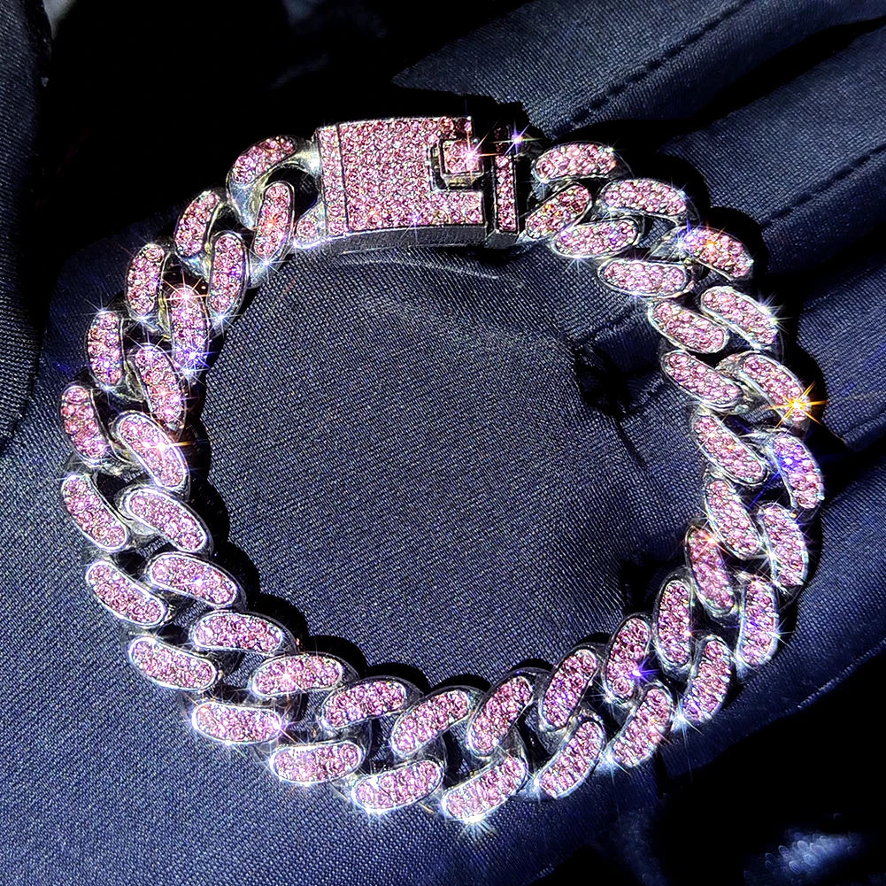 Iced Out Pink Cuban Armband für Frauen Hip Hop Gold Silber Farbe Kristall Herz Kreis Quadrat Armband 4Pcs Set Schmuck Geschenk