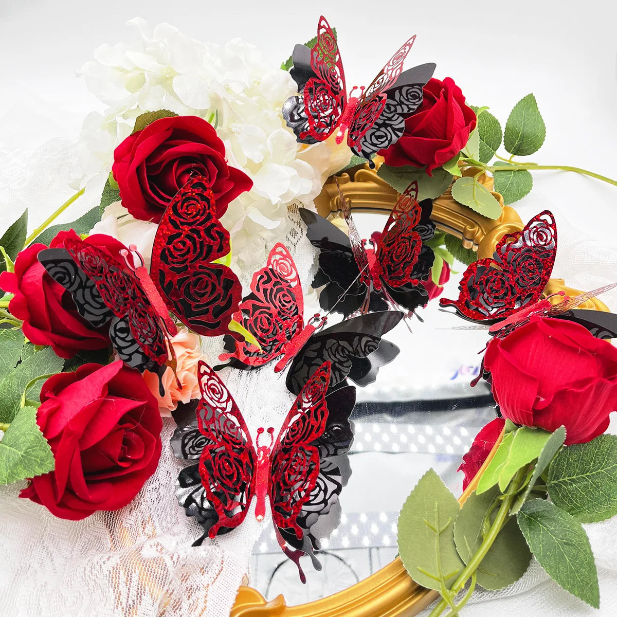 6pcs/set 3d Double Layer Butterfly Valentine's Day Decorative Wall Stickers Glitter Gold Butterfly Decorative Stickers