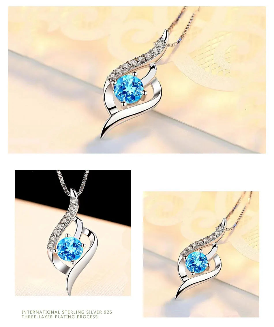 ZDADAN 925 Silver Blue Crystal Necklace Chain For Women Wedding Jewelry