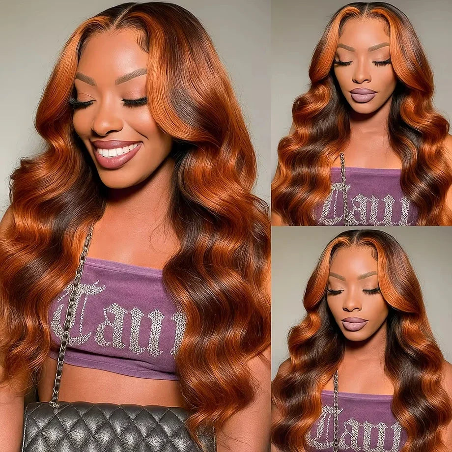 Ginger Brown Highlight Body Wave Lace Frontal Wigs Colored Human Hair Glueless Ombre Ginger Orange HD 13x4 Lace Front Lace Wig