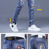 Fashion Printed Jeans Men's Korean Brand Embroidery Badge Pattern Youth Ripped Small Feet Teenagers Cowboy Pencil Pants