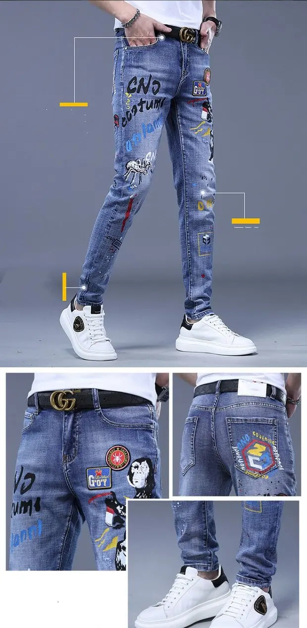 Fashion Printed Jeans Men's Korean Brand Embroidery Badge Pattern Youth Ripped Small Feet Teenagers Cowboy Pencil Pants