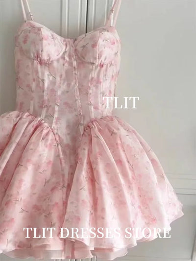 TLIT Fairy Baby Pink Printing Flowers Short Evening Dresses Spaghetti Strap Sweetheart Cocktail Dresses Customized Draped Gowns