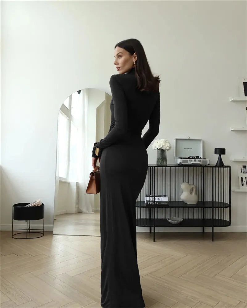Mozision Rollkragen Oberschenkelhohes Schlitz Sexy Maxikleid für Damen Mode Langarm Drapierte Bandage Bodycon Club Langes Kleid
