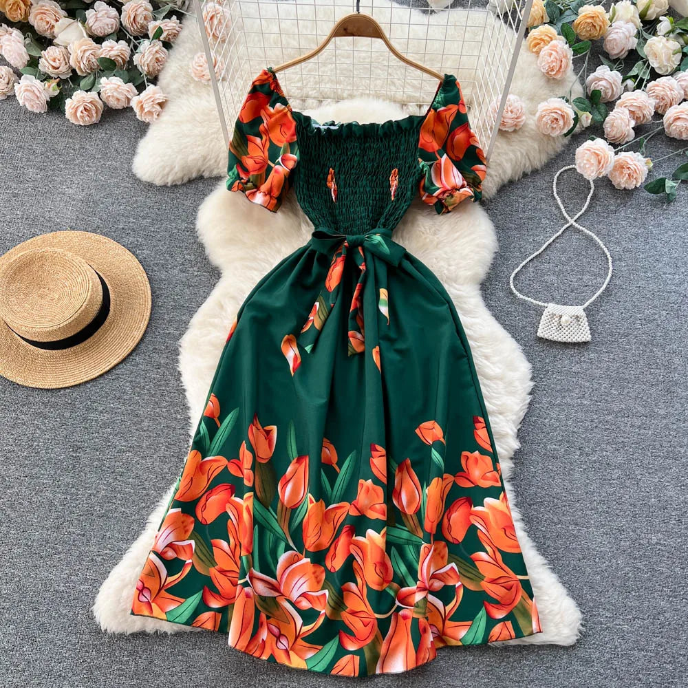 YuooMuoo Fashion Sommer Blumenmuster Langes Kleid Damen Vintage Eckiger Ausschnitt Geraffte Brust Schärpe Bandage Sundress Party Kleider