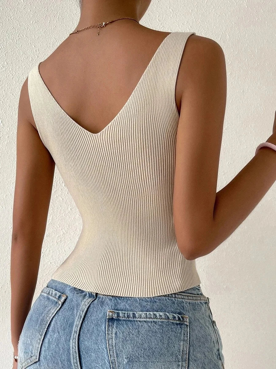 New Summer Women Drawstring Front Ribbed Knit Tops Femme Sexy V Neck Sleeveless Crop Top Clothes High Stretch Split Cropped Tank