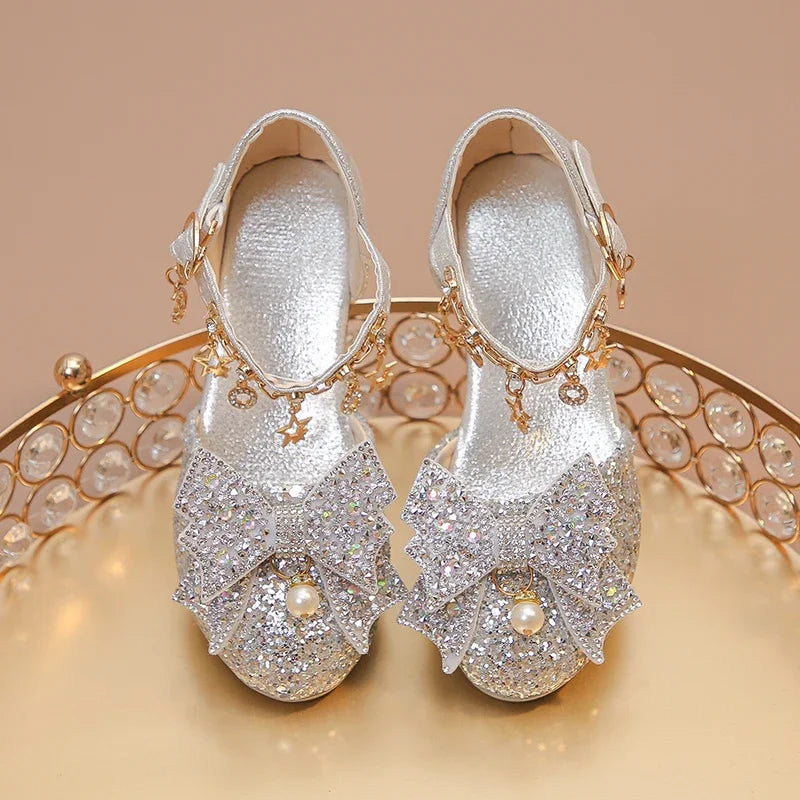 Girls Leather Shoes High Heeled for Wedding Party Glitter Rhinestone with Bow-knot Kids Dress High Heels Pendant Bling Sparkling