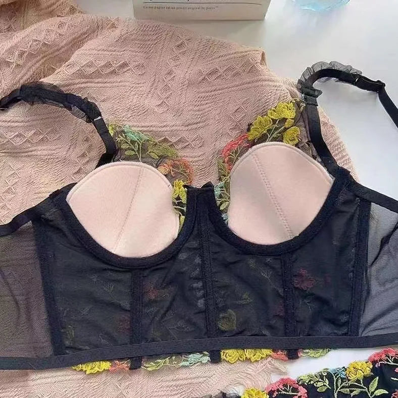 French Ladies Transparent Mesh Corset Sexy Shaper Thin Bra Set Night Club Sweet Cropped Top Girls Hot Bra and Panties Bralette