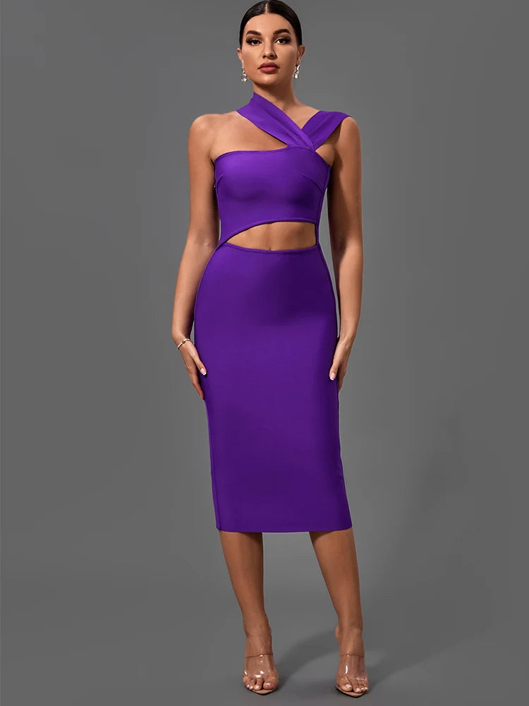 Bandage-Kleider für Damen 2022 Lila Bodycon-Kleid Abendparty Elegant Sexy Cut Out Midi Geburtstag Club Outfit Sommer Neu