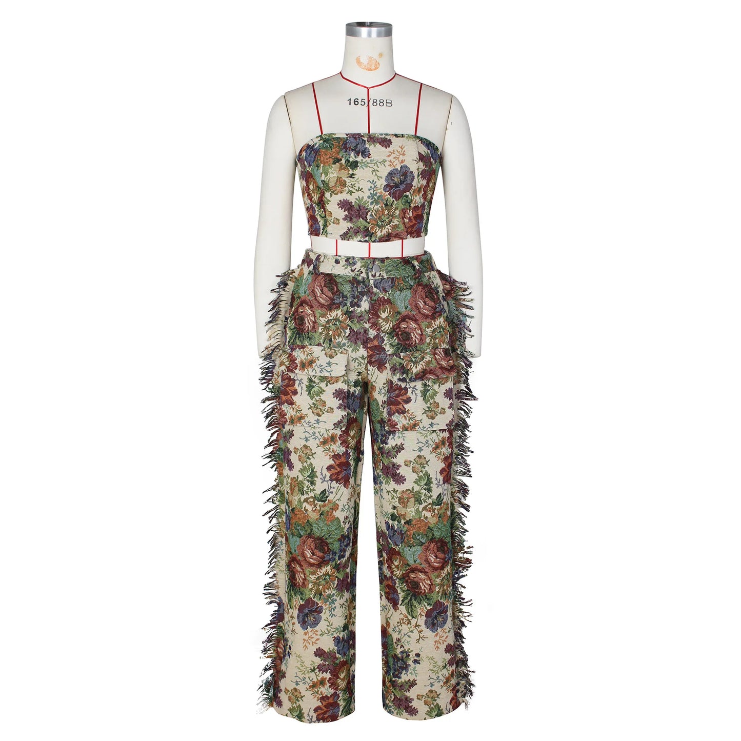 CM.YAYA Fashion Print Women's Set Strapless Top and Wide Leg tassel Pants Summer Cargo Street Two 2 Piece Set Outfit Tracksuit