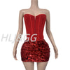 HLJ&GG Sexy Off Shoulder Corset Vest Two Piece Sets Women Sleeveless Backless Bandage Irregular Top + Sequin Mini Skirts Outfits