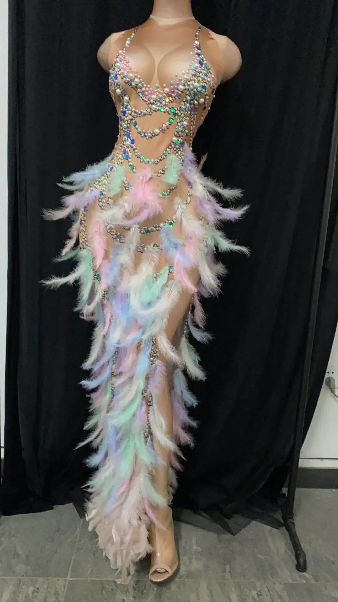 Nightclub Party Celebration Sexy Feather Rhinestone Dress Women Elastic Sleeveless Prom High Slit Dress Stage Performance Outfit