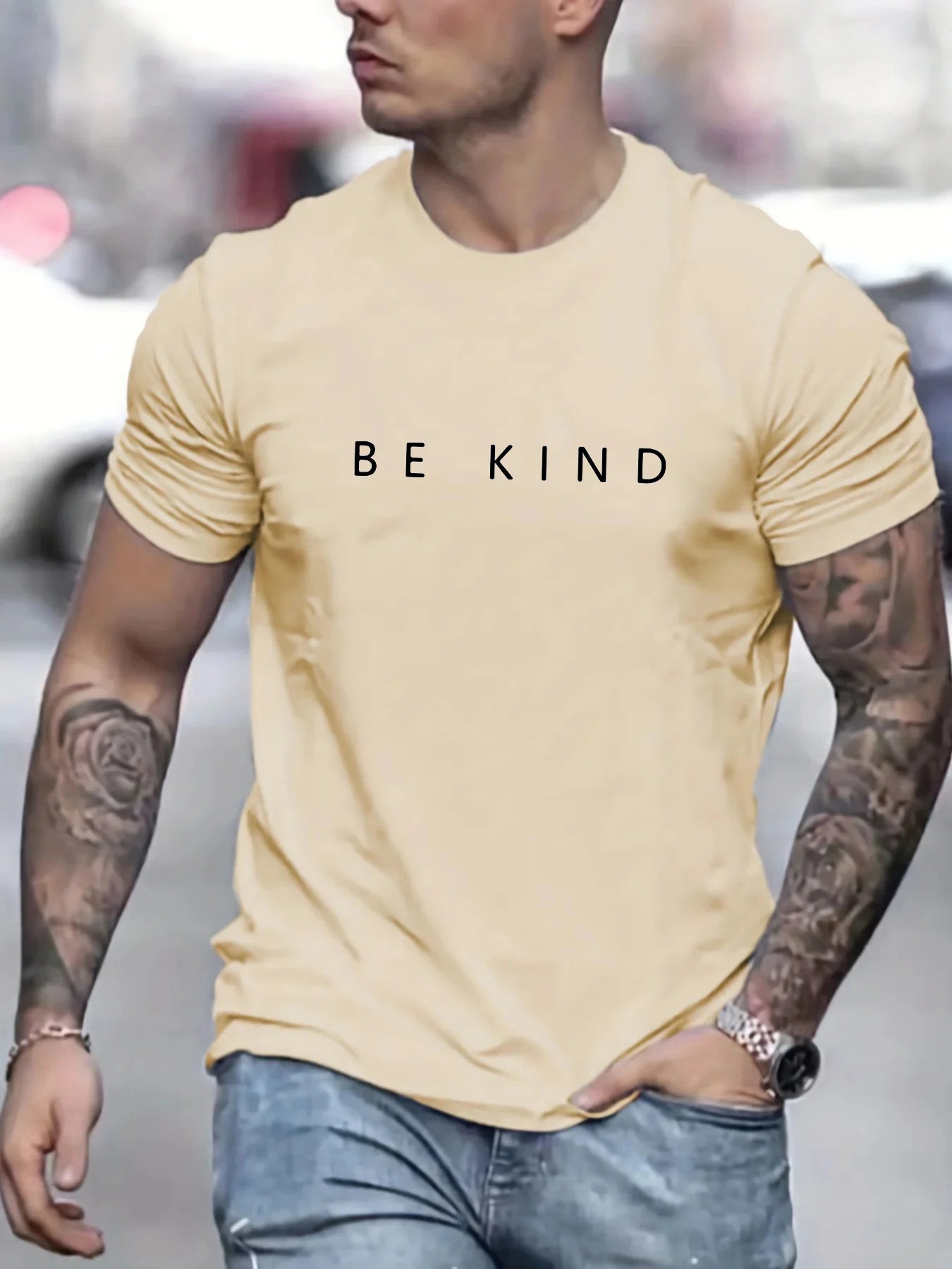 Men's Summer Loose Fit  100 Cotton be Kind Print T-shirt Tops O-neck Pactwork Casual T shirts for Men New