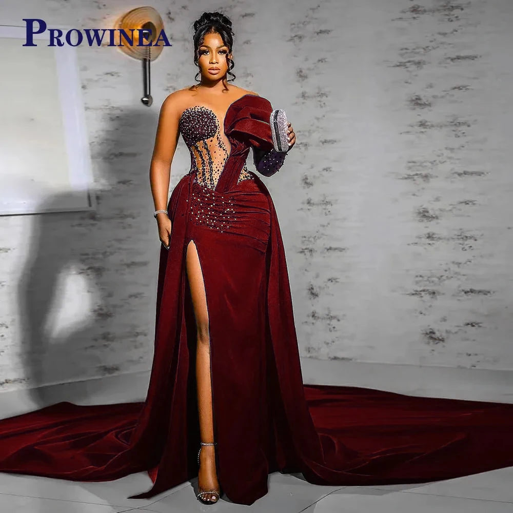 Prowinea Classic Mermaid Prom Dress Crystals Pleat Sweep Train Gala Formal Party Gown Vestidos De Fiesta Customized Plus Size