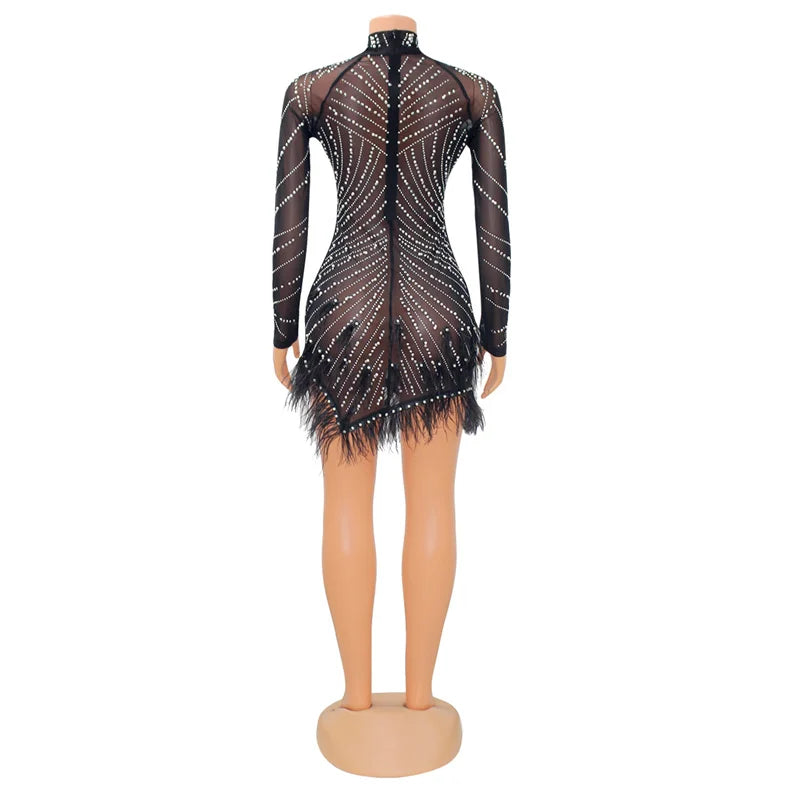 Sexy Perlen Strass Partykleider Damen Eleganz Nachtclub Feder Geburtstagskleid Langarm Mesh Sheer Bodycon Minikleid