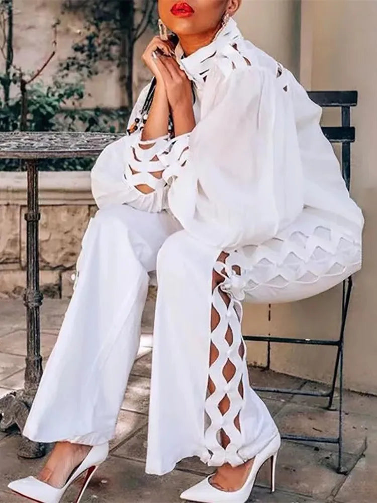 Wmstar Zweiteiliges Set Damen Übergröße Hohl Sexy Jugendlich Alltag Weich Langarm Mode Hosen Weites Bein Großhandel Dropshipping