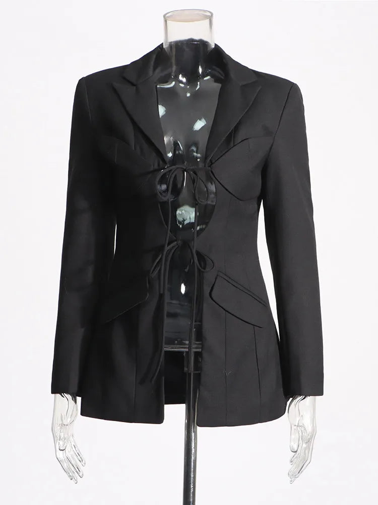 TWOTWINSTYLE Patchwork Lace Up Hohl-Blazer für Damen mit gekerbtem Kragen, langen Ärmeln, Tunika, Designer-Blazer, weibliche Mode Neu