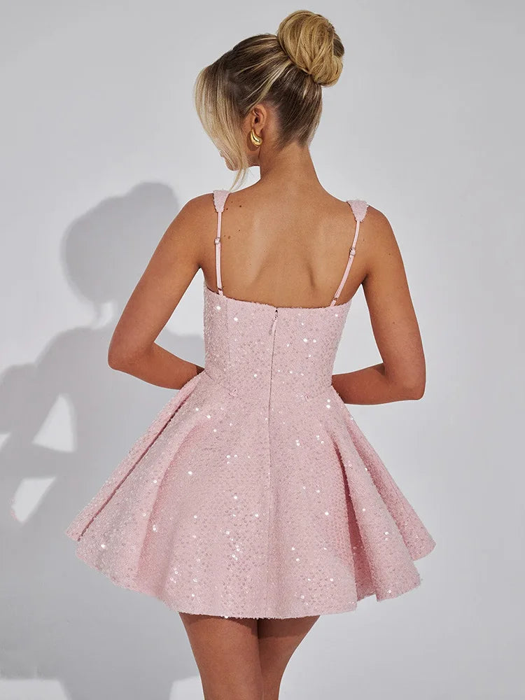 Mozision Pailletten-Kleid mit Schleife am Rücken, rückenfrei, sexy Mini-Kleid für Damen, modisches Etuikleid mit eckigem Ausschnitt, ärmellos, hohe Taille, A-Linie, Clubkleid