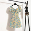 Damen Minikleider Sommer Mode Damenkleider Bedruckte Chiffonkleider mit Blumenmuster, gerafft, plissiert, kurze Puffärmel, Freizeitkleid