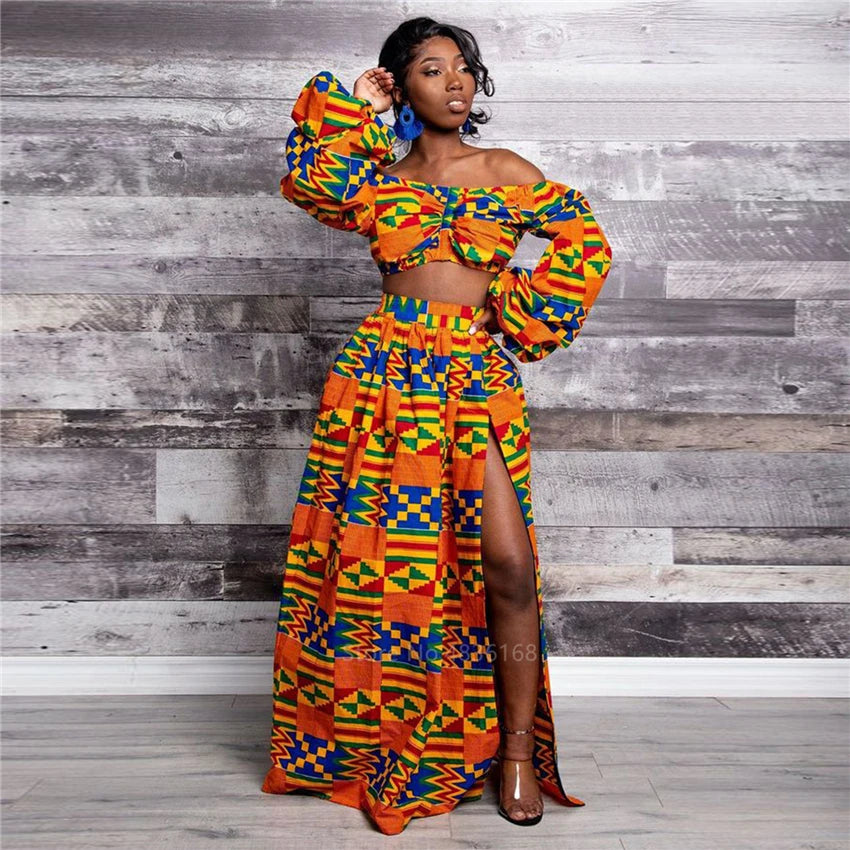 Afrikanische Kleider für Damen, Herbst, 2-teiliges Set, Damen, lange Ärmel, schulterfrei, mit Feder-Dashiki-Print, geteilte Röcke, afrikanische Kleidung