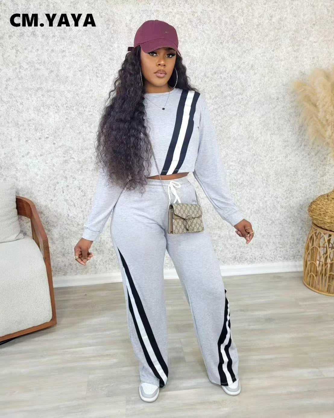 CM.YAYA Fashion Striped Splicing Women's Set Long Sleeve Sweatshirt and Sweat Pants Tracksuit 2024 Winter Two 2 Piece Set Outfit