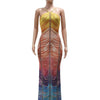 Neue Gradient Strass Tie-Dye Print Neckholder Meerjungfrau Lange Kleider Damen Rückenfrei Ärmellos Schmal Geburtstagsparty Abschlussball Vestidos