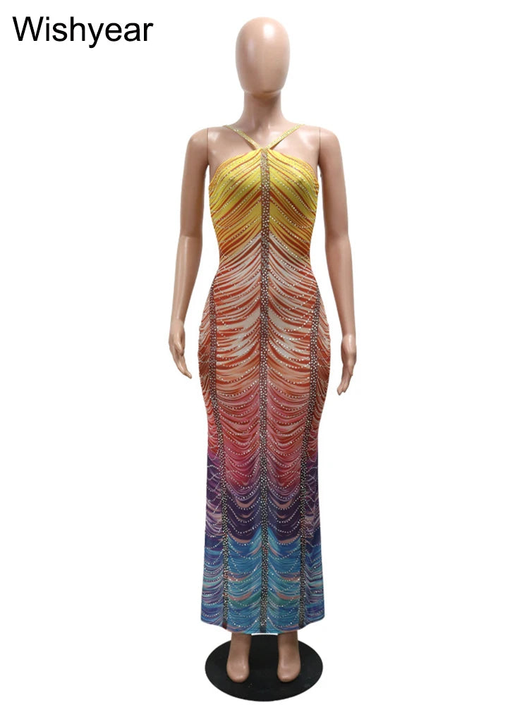 Neue Gradient Strass Tie-Dye Print Neckholder Meerjungfrau Lange Kleider Damen Rückenfrei Ärmellos Schmal Geburtstagsparty Abschlussball Vestidos