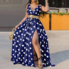 Elastic Waist V Neck Long Dress Sleeveless Print Side Slit Evening Party Dress Ladies Round Dot Printing Casual Sweet dress