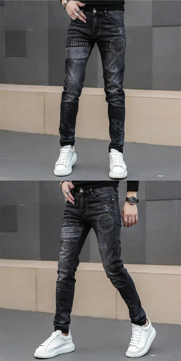 Fashion Printed Jeans Men's Korean Brand Embroidery Badge Pattern Youth Ripped Small Feet Teenagers Cowboy Pencil Pants