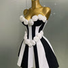 2025New Women Flower Decoration Strapless Black White Stripe Bandage Short Dress Cocktail Party Elegant Evening Club Party Dress