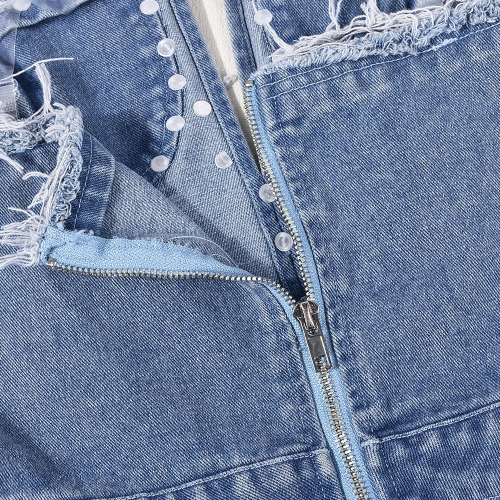 Sibybo Quaste Hollow Out Overalls für Damen Nieten Strass Trägerlos Rückenfrei Jeans Street Fashion Trend Jumpsuit Femme