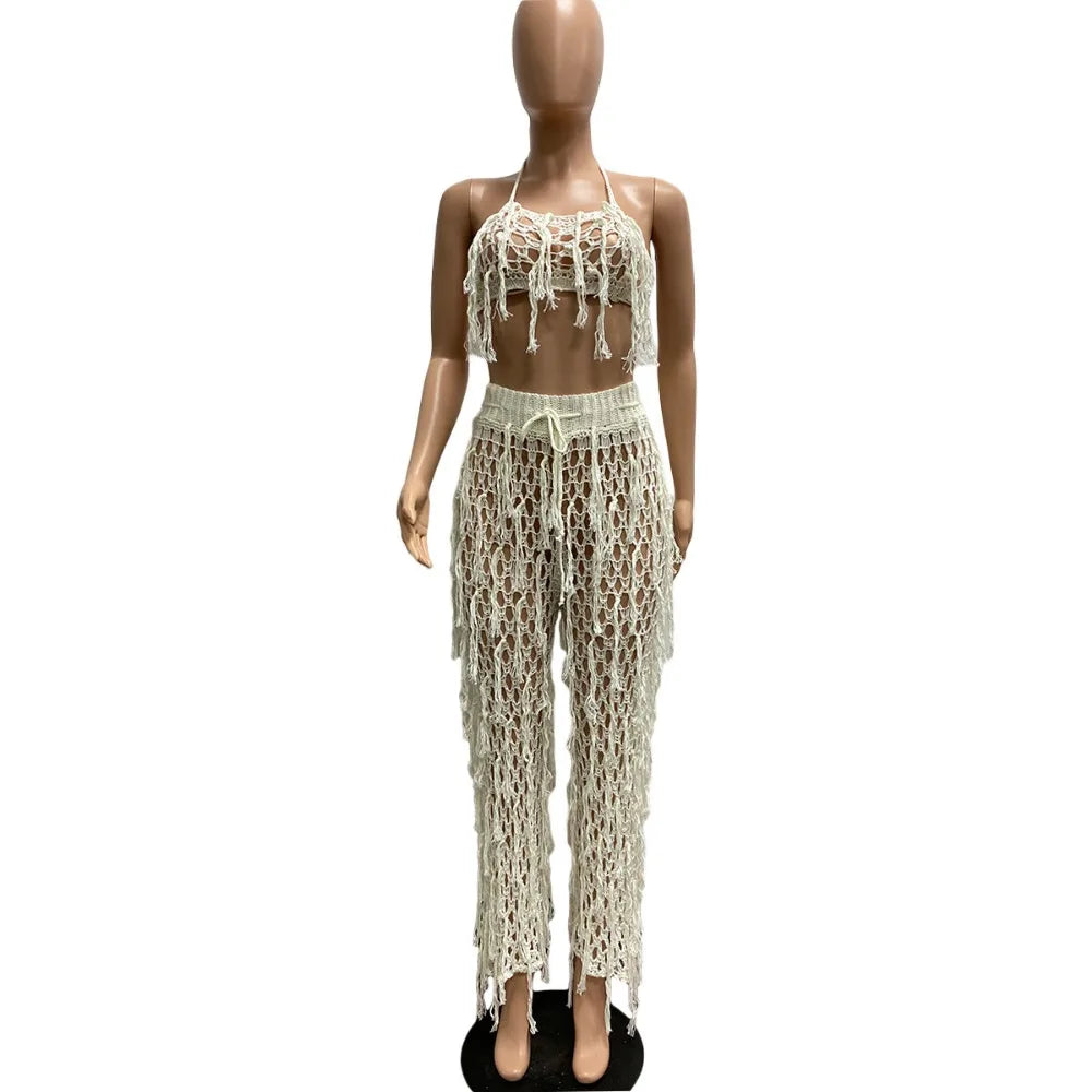 FAGADOER Sexy Hollow Out Tassels Pants Two Piece Sets Women Halter Sleeveless Backless Crop Top + Pants Outfit Female Streetwear