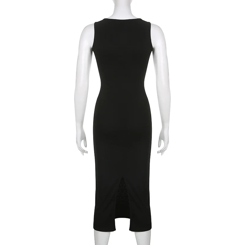 CIBBAR Basic Strick-Maxikleid Koreanische Mode Quadratischer Kragen Ärmellos Damenkleider Sommer Lässig Y2k Vintage All-Match Outfits