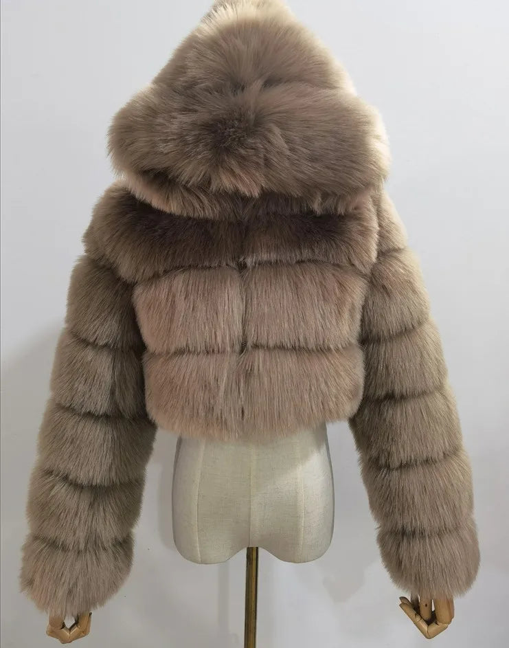 Women Warm Faux Fur Coat Winter Vintage Gradient Jacket Furry Outerwear Jackets Hooded Coats Plus Size Autumn Winter Streetwear
