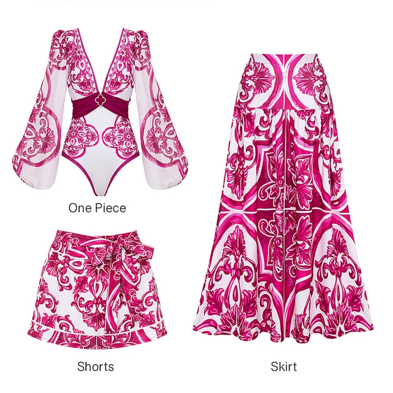 Flaxmaker Long Sleeves Majolica Series Pattern Print One Piece Swimsuit Biquini Beachwear Women Sexy Bikini Sets Swimsuit