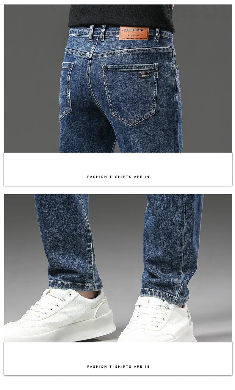 Winter Fleece Dicke Warme Jeans Herren Slim Straight Elastische Denim-Hose Lässige Herrenbekleidung Mode Plüschhose