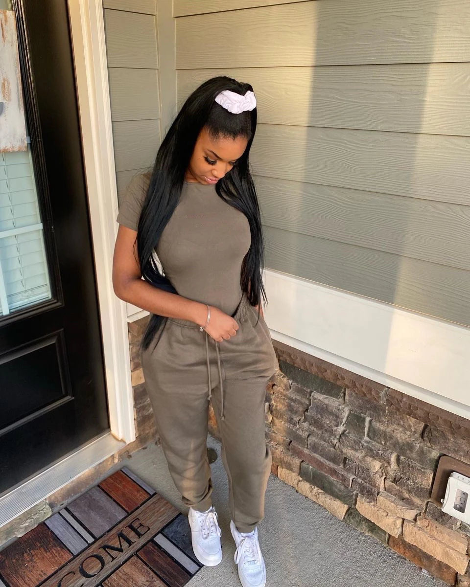Two Piece Versatile Solid Color Sports And Leisure Set, Women's Cotton Slim Fit T-shirt Paired With Loose Jogging Pants