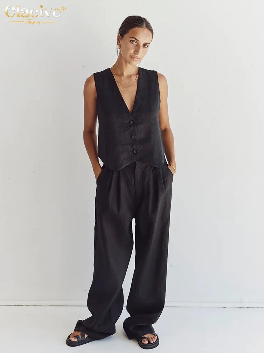 Clacive Summer White Linen Two Piece Set For Women 2023 Fashion Sleeveless Tank Top New In Matching High Waist Wide Pants Set