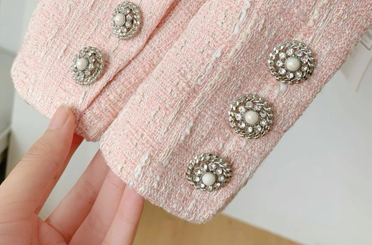 Elegant Fashion Pink Tweed Suit Women's Autumn 2023 Y2k High Quality Blazer Coat+Bag Hip Skirt Commuting Two-Piece Set