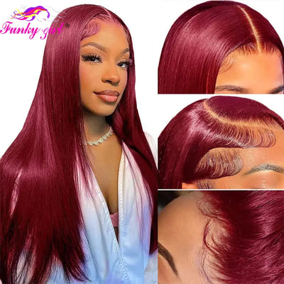 99J Burgunderfarbene Perücke 13x4 Transparente Lace-Front Echthaarperücke Brasilianisches Echthaar 180% Dichte Highlight-Perücken für Frauen