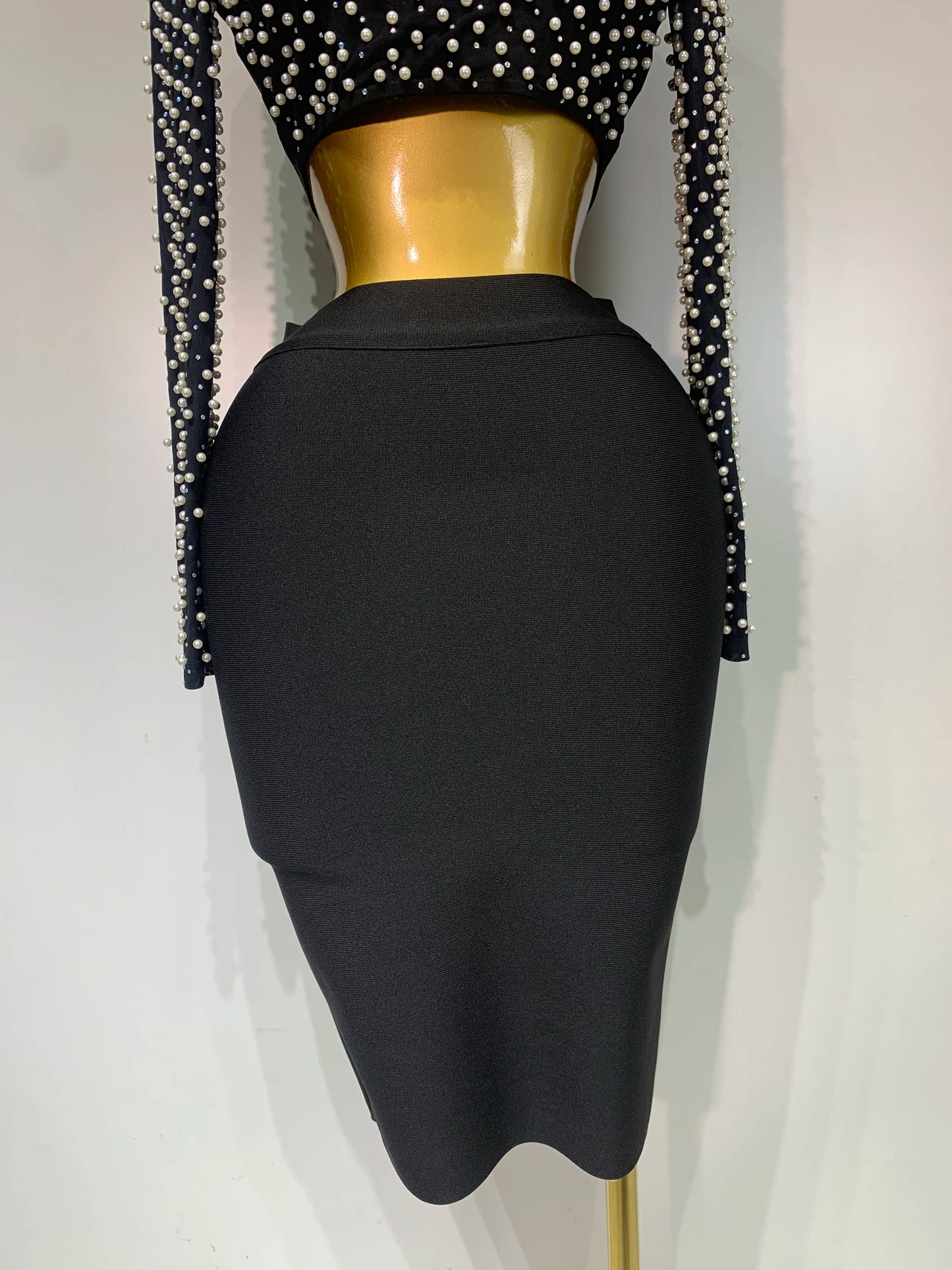 Damen Sexy Langarm Mesh Perlen Top Celebrity Midi Damen Bandage Set 2025 Designer Abendparty Luxus Geburtstag Zweiteiler Set