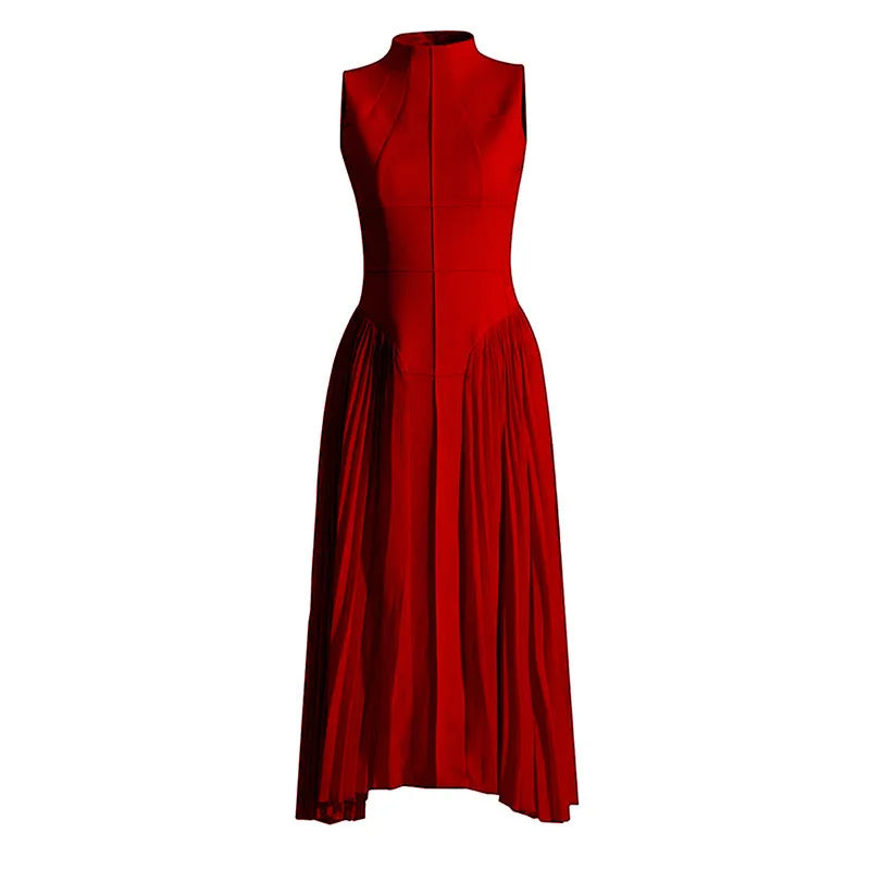 Long Dresses Women Party Dress Pleated Patchwork Sleeveless Stand Collar Maxi Gown Tight Waist Vestidos 2025 Summer A Line