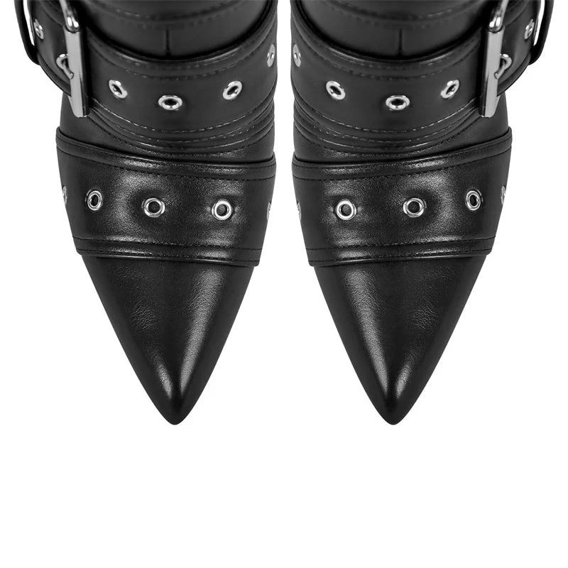 Onlymaker Women Pointed Toe Mid-Calf Boots Buckle Strap Thin High Heel Lady Zipper Female  Stiletto Boots