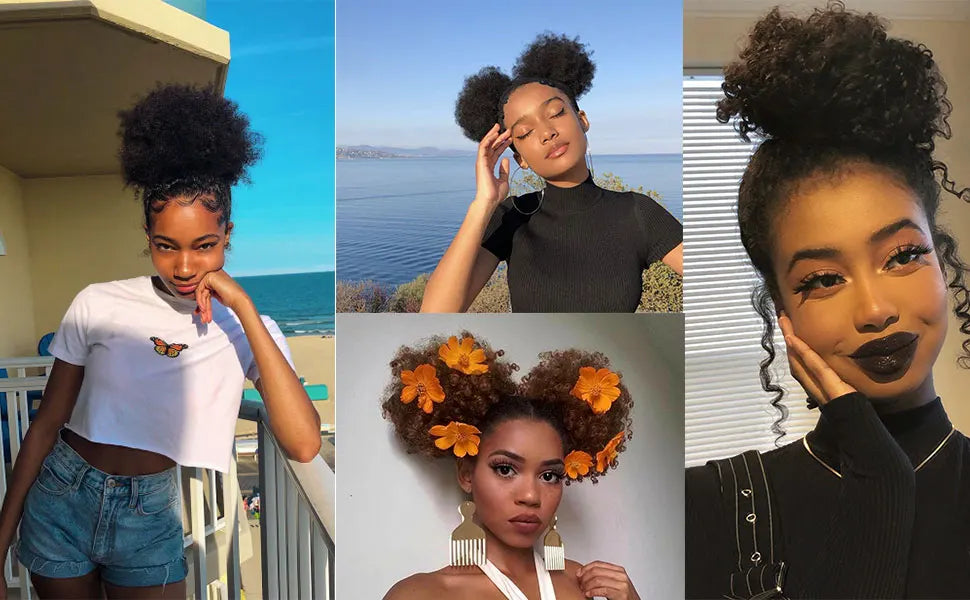 Synthetic Afro Puff Drawstring Ponytail Hair Bun 10 Inch Short Afro Kinkys Curly Afro Bun Extension Hairpieces Large Size