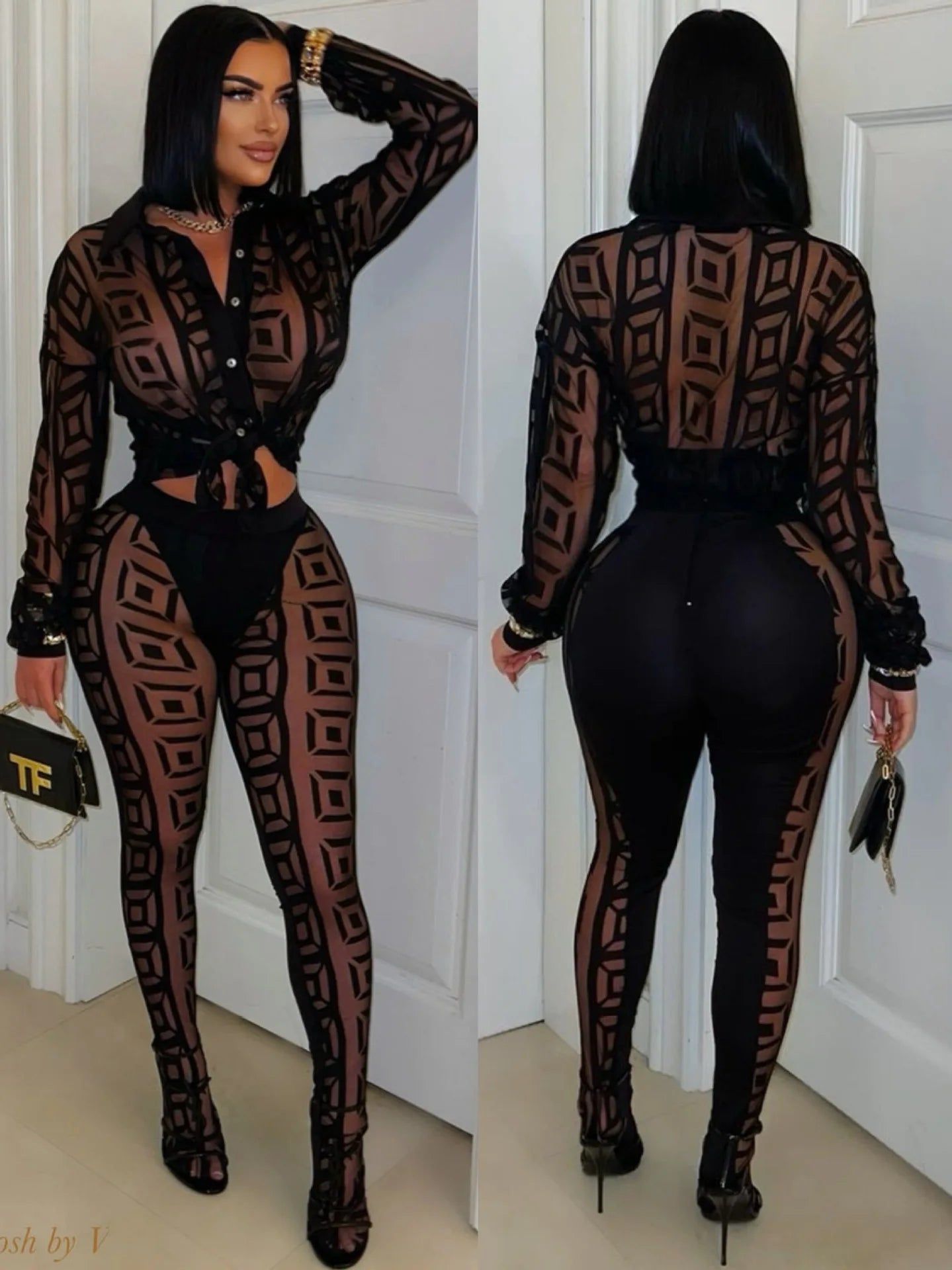 FAGADOER Sexy Mesh Damen 2-teiliges Set Outfit Durchsichtiges Langarm Crop Top + Skinny Hose Anzüge Weibliche Streetwear Kleidung Neu