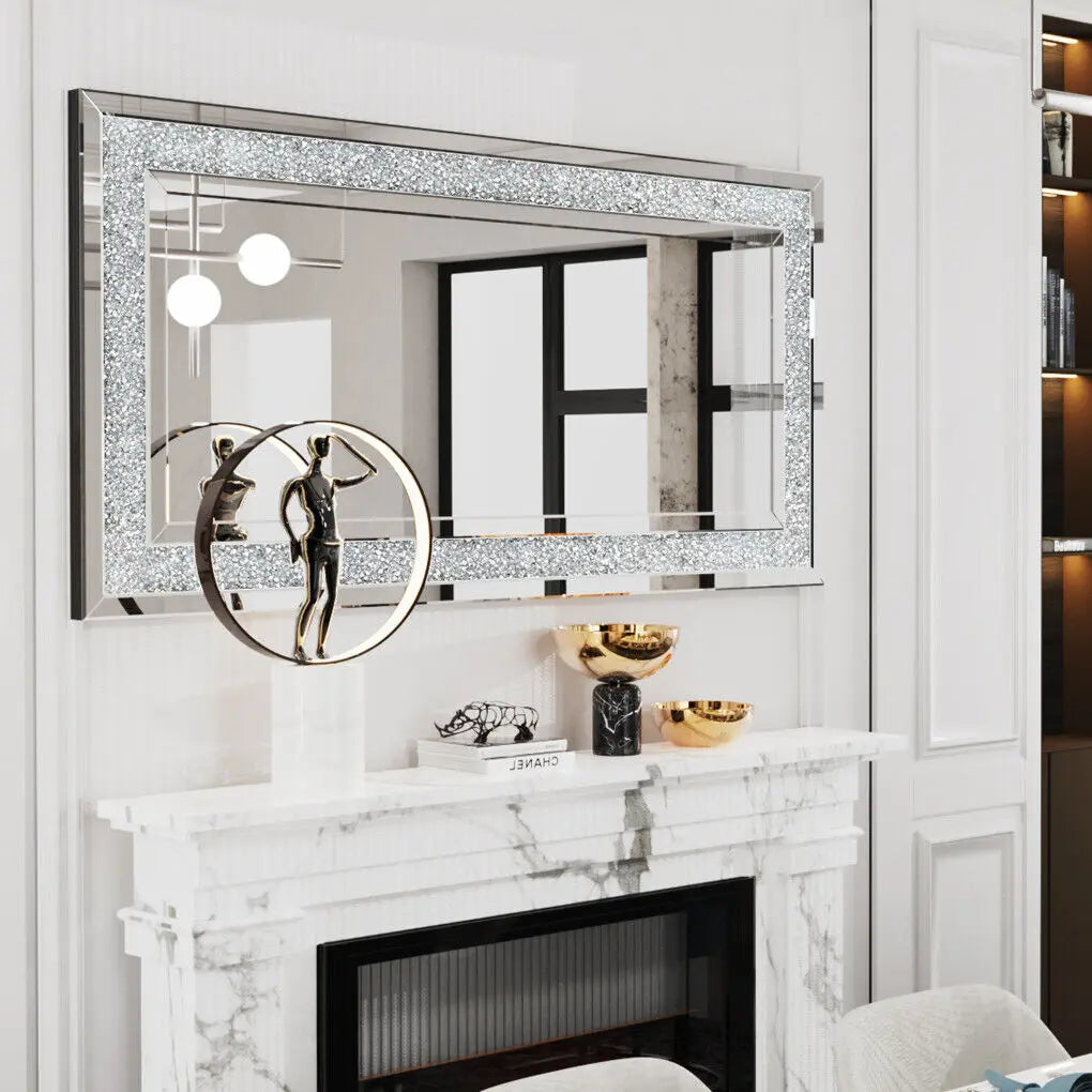 LUVODI Large Silver Sparkly Crystal Rhinestone Diamond Frameless Vanity Mirrors Wall Mounted Dressing Mirror for Home/Hotel