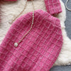 Modphy Autumn Fashion Rose Red Woolen Two Piece Set Women Golden Button Chain Belt Tweed Short Jacket Coat+Split Midi Skirt Suit